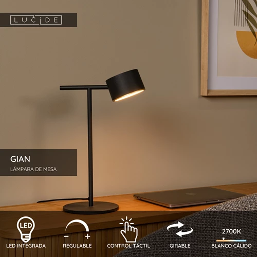 Lucide GIAN - Lámpara de mesa - LED Regul. - 1x9W 2700K - Negro - USP